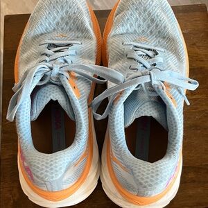 Hoka Light Blue and Orange Running Shoes